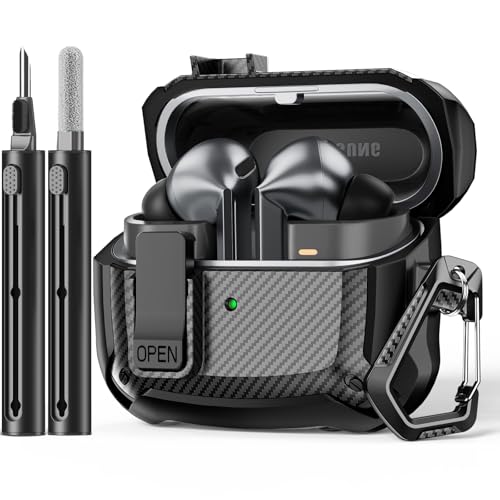 Safety Lock Case for Samsung Galaxy Buds3 FE/Pro/3 (Black) | Carbon fibre texture Design,with Cleaning Kit & Keychain,Mecha Protective Case - color: A-black