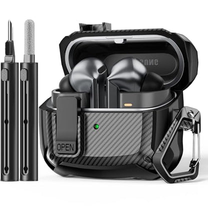 Safety Lock Case for Samsung Galaxy Buds3 FE/Pro/3 (Black) | Carbon fibre texture Design,with Cleaning Kit & Keychain,Mecha Protective Case - color: A-black