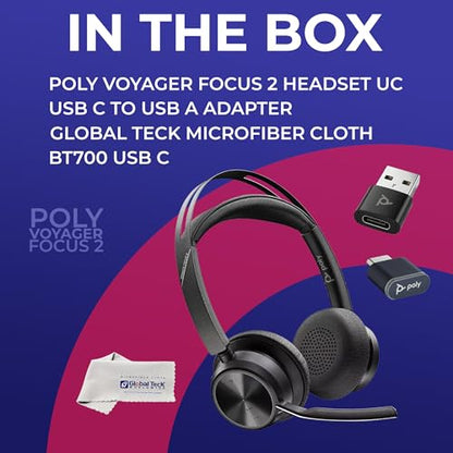 Poly Voyager Focus 2 Bluetooth Headset with Noise Blocking Mic - USB-C/A Dongle Adapters for PC using MS Teams, Zoom - Pairs to Both Cellphone and Laptop - Charging cable, and GTW Microfiber Cloth - color: w/o stand-USB A, style: Focus 2-Standard