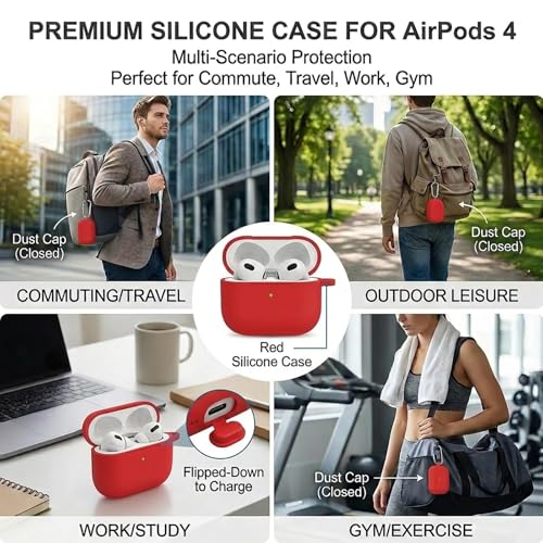 Silicone Case Cover for AirPods 4th Gen, Soft Skin, Full Protection, Keychain, Cleaner Kit (Red) - color: B1-Red