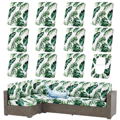 Waterproof Outdoor Cushion Covers, Stretch Patio Slipcovers | UV Resistant Coating, Stretch Fabric, Waterproof Protection, Replacement Covers, Fits Patio Furniture Cushions (12 Pieces) - color: Monstera Deliciosa, size: 12PCS