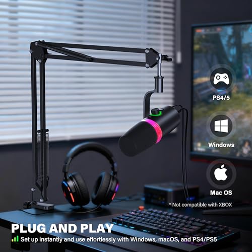 USB/XLR Gaming Microphone Set Dynamic Microphone for Recording Streaming | Dynamic Mic for Podcast Recording, Singing, PC Gaming, Streaming. RGB, Mute, Headphone Jack, Mic Arm. Discord, YouTube.