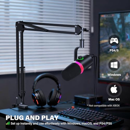 USB/XLR Gaming Microphone Set Dynamic Microphone for Recording Streaming | Dynamic Mic for Podcast Recording, Singing, PC Gaming, Streaming. RGB, Mute, Headphone Jack, Mic Arm. Discord, YouTube.
