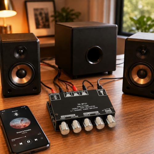 ZK-MT21 Bluetooth Power Amplifier Board 2.1 Channel 50W x 2 + 100W | Mini amp module. quickly connects. Fits car audio speakers/home theater. with bass,treble,subwoofer and volume control