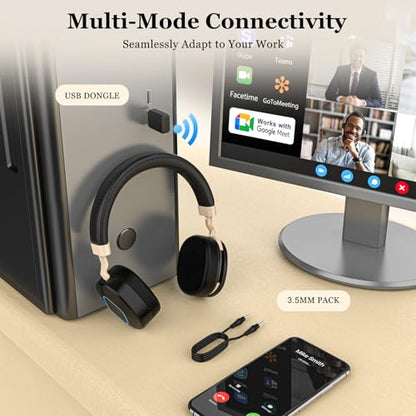 Wireless Headset with Mic for Work, Bluetooth Headset with Microphone, Retractable Boom Mic, Hybrid Mode Wireless/Wired, Dual AI Noise Cancellation, USB Dongle & Mute for Home/Office/PC/Cell Phones