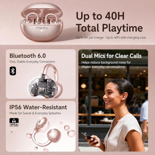 Kinglucky Upgraded Clip-On Earbuds, Open Ear Earbuds Comfortable Secure Fit | Crystal-Clear Sound, 40H Playtime, Wireless Headphones Bluetooth 6.0 for Women, Glasses & Small Ears, Sports, IP56, Rose Gold - color: Rose Gold