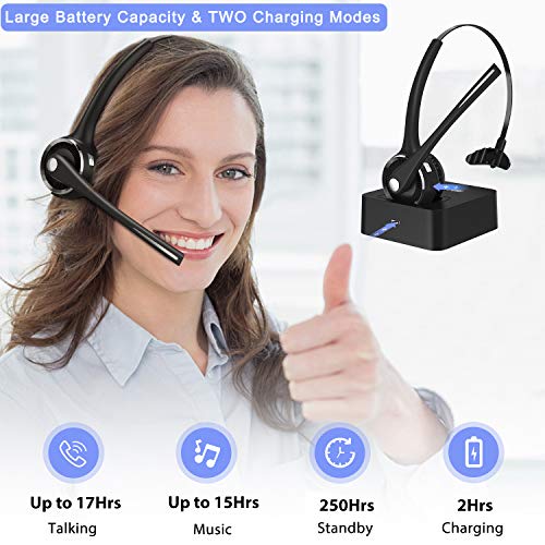 Trucker Bluetooth Headset, V5.0 Handsfree Wireless Phone Headset with Charging Station, Noice Cancelling, Bluetooth Headset with Microphone, Suitable for Call Center Office Phone