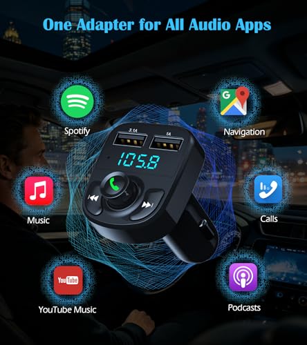LIHAN Bluetooth Car Adapter 5.3, FM Transmitter, Dual USB Charger