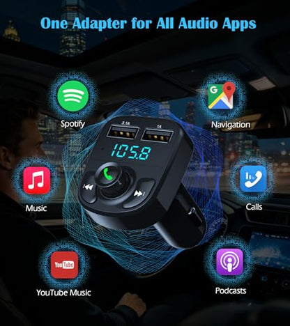 LIHAN Bluetooth Car Adapter 5.3, FM Transmitter, Dual USB Charger