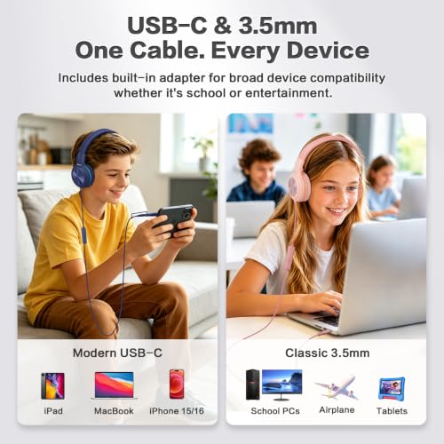 SIMOLIO Kids Wired Headphones with Mic, USB C & 3.5mm, 3-Level Safe Volume, Share Port & Pouch, Stereo Sound& Passive Noise Cancelling, Foldable Over Ear Headsets for Tablet Kindle iPhone iPad Travel - color: Dreamy Lavender USB C&3.5mm