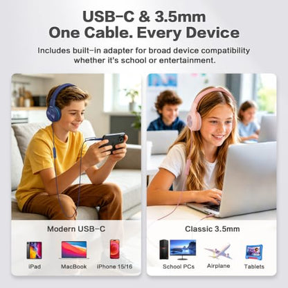SIMOLIO Kids Wired Headphones with Mic, USB C & 3.5mm, 3-Level Safe Volume, Share Port & Pouch, Stereo Sound& Passive Noise Cancelling, Foldable Over Ear Headsets for Tablet Kindle iPhone iPad Travel - color: Dreamy Lavender USB C&3.5mm