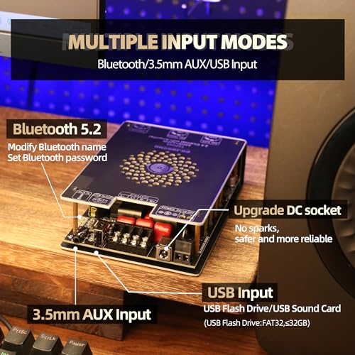 440W Audio Amplifier Board with Treble and Bass Control, TPA3251 Chips, DC 12-36V, Bluetooth 5.2 and AUX Inputs, 2.0 Channel Stereo AMP Board for DIY Wireless Speakers - color: Black2 T220HS
