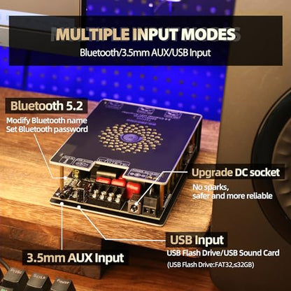 440W Audio Amplifier Board with Treble and Bass Control, TPA3251 Chips, DC 12-36V, Bluetooth 5.2 and AUX Inputs, 2.0 Channel Stereo AMP Board for DIY Wireless Speakers - color: Black2 T220HS
