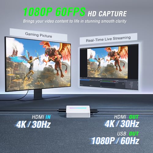 Fifine V3W HDMI Video Capture Card for Gaming, Streaming, Content Creation | 1080p 60fps capture, 4K 30fps HDMI output, Low latency, Vibrant RGB, 3.5mm audio input, for PS5, Switch, Xbox, Windows, macOS - color: White