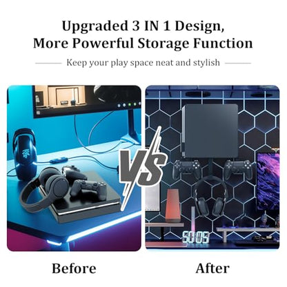 Wall Mount for PS4 Slim with Detachable 2 Controller Holder & Headphone Hanger, Metal Stealth Wall Mount Stand for Playstation 4 Slim - color: Black