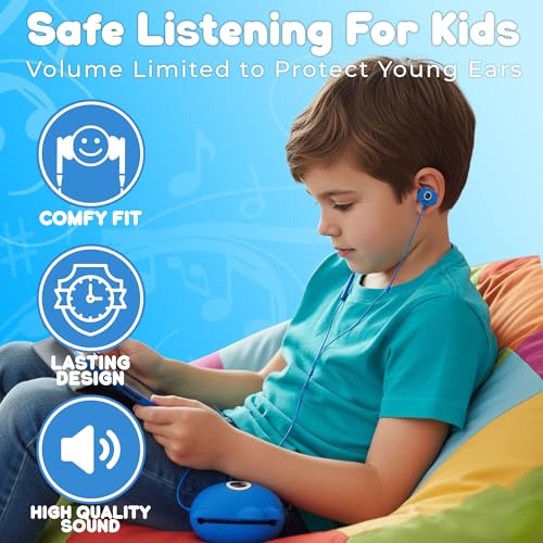 Jellie Drops Wired Earbuds for Kids, Featuring Colorful Characters. Silicone Storage case, 3.5mm aux, USB C Adapter, Volume Control, School Ready, Cute, Lightweight, and Compact. (Black) - color: Black