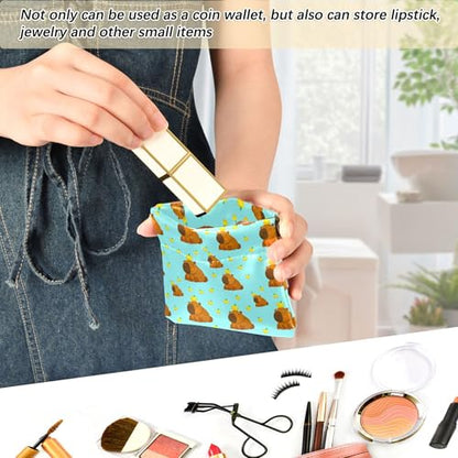 Leather Waterproof Portable No Zipper Purse, Coin Pocket Pouch Change Holder, Small Storage Bag for Men Women Headset Credit Card ID Key Lipstick, (Cute Capybaras)