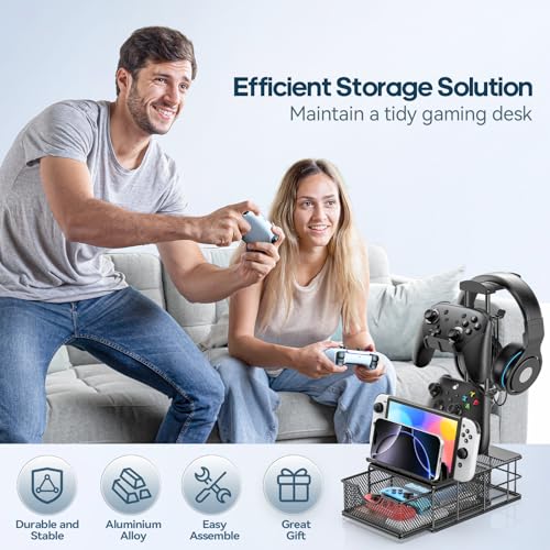 KDD Headphone Stand with Drawer - Headset & Controller Holder for Desk - Aluminum Supporting Bar Earphone Stand with Cable Organizer - Universal Gaming PC Accessories Storage