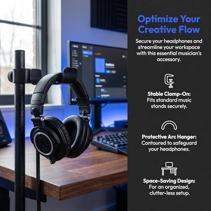ibasenice Clamp-On Headphone Hook - Adjustable Mic Stand Mounted Headphone Holder - Studio Cable Rack - Metal Headset Hanger Hook for Cowbell Tambourines - Fit Up to 2" Dia Tubes