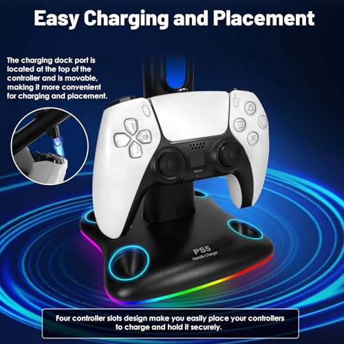 PS5 Controller Charger with RGB Headphone Stand, PS5 Controller Charging Station with 2 USB Port, Headset and Controllers Stand Holder for PlayStation 5, Gaming Gifts for Gamers Men - size: Dual Charger for PS5