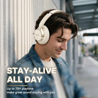BERIBES Hybrid Active Noise Cancelling Headphones Wireless Over Ear 70Hours | Foldable Bluetooth 6.0,Transparent Modes,3.5MM Cable,Lightweight Built-in Mic,HiFi Stereo Deep Bass,Soft-Earpad,Fast Charging - color: Beige