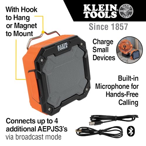 KLEIN TOOLS AEPJS3 Bluetooth Jobsite Speaker with Magnet and Hook, 20-Hr Run Time, Charge Via USB A or C, Pair Multiple Speakers via Broadcast, Hands Free Capable
