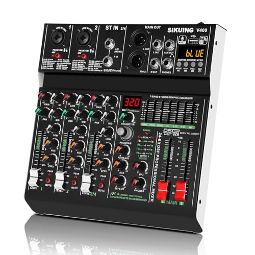 4 channel professional portable mixer, 320 DSP effects + 48V phantom power, Bluetooth sound card + 7-Band Eq Output, for PC recording, karaoke studio effects, and streaming playback
