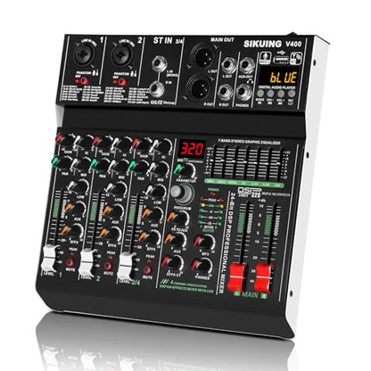 4 channel professional portable mixer, 320 DSP effects + 48V phantom power, Bluetooth sound card + 7-Band Eq Output, for PC recording, karaoke studio effects, and streaming playback