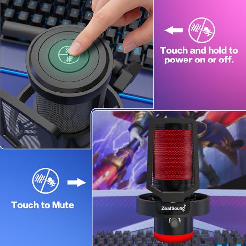 ZealSound Wireless Microphone for PC Mac iPhone iPad & Android, USB Mic with Noise Reduction, Tap Mute and Volume Control, RGB Light and Real-Time Monitoring, for Podcasting Streaming Gaming & TikTok - color: RGB