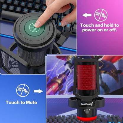 ZealSound Wireless Microphone for PC Mac iPhone iPad & Android, USB Mic with Noise Reduction, Tap Mute and Volume Control, RGB Light and Real-Time Monitoring, for Podcasting Streaming Gaming & TikTok - color: RGB