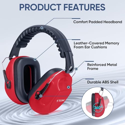 TICONN Noise Cancelling Ear Muffs for Adults, SNR 33dB Hearing Protection, Adjustable Safety Earmuffs for Construction - color: Red