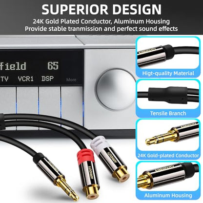 AUX to RCA Y Splitter Cable 2-Pack, 3.5mm Male to 2RCA Female Stereo Audio Adapter, 1/8 to RCA Connector, 0.7FT Hi-Fi Sound Auxiliary Stereo Audio Cord for iPhone, Tablet, Computer, MP3, Speaker