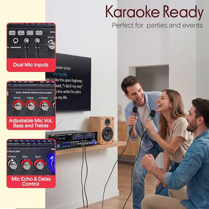 Pyle Bluetooth Hybrid Home Amplifier - 6-Channel 2000W Rack Mount Power Amplifier Receiver w/ Radio - Dual 10 Band EQ, Karaoke Microphone x2, USB, RCA, COAX, OPT, DVD Inputs, HiDef Input and Output