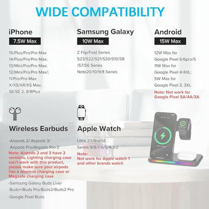 IHAO 3in1 Multifunctional Foldable Wireless Charging Station with LED Ambient Night Light Fast QC3.0 Charger for Phone, iWatch, Headphone Space-Saving Auto-Shutoff & Overcharge Protection-Black - color: 3in1 Wireless Charger K88 Black