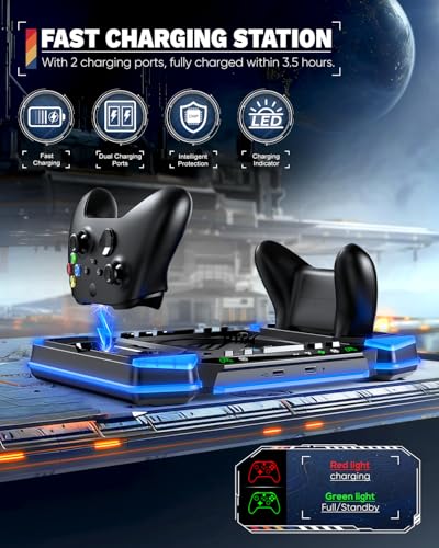 Top Auto Cooling Fan & Controller Charge Stand for Xbox Series X Console | Accessories Wireless Charger Dock with 11 Light Modes, 2*1400mAh Rechargeable Batteries, Headset Stand & Game Disc Storage