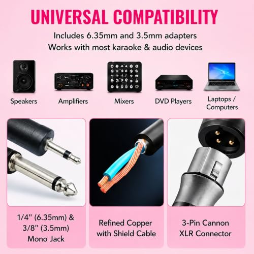 Pink Wired Karaoke Microphone with Rhinestones Sleeve Decoractive | Sparkly dynamic mic for karaoke, singing, parties and speeches with 11.5 ft XLR cable, 6.35mm plug and 3.5mm adapter