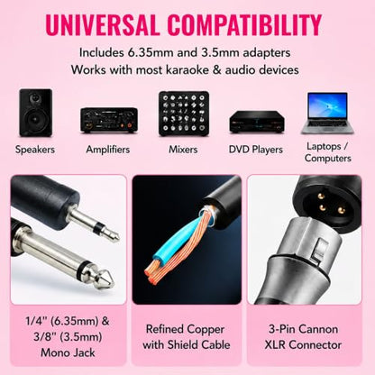 Pink Wired Karaoke Microphone with Rhinestones Sleeve Decoractive | Sparkly dynamic mic for karaoke, singing, parties and speeches with 11.5 ft XLR cable, 6.35mm plug and 3.5mm adapter