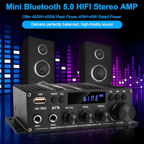Romicta Stereo Audio Amplifier, 2.0 CH Mini Home Audio Bluetooth 5.0 Stereo Receivers with 400W, FM, AUX, USB, Microphone Input, 12V 5A Power Supply, Power Amplifier for Car Home Bar Party