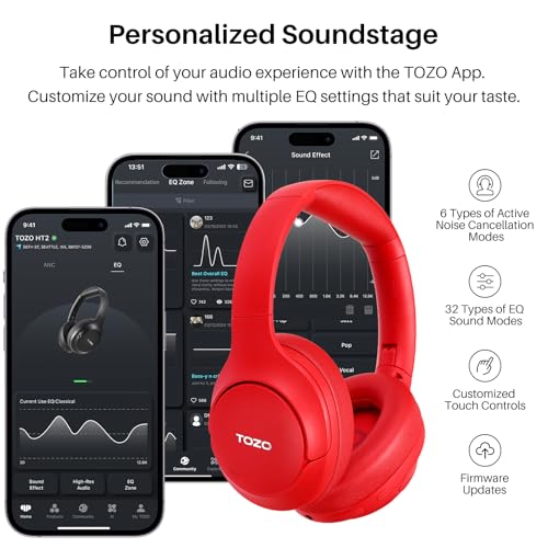 TOZO Hybrid Active Noise Cancelling Headphones, Hi Res Audio | Wireless Over Ear Bluetooth Headset, 60H Playtime, Custom EQ via App Deep Bass Comfort Fit Ear Cups, for Home Office Travel - color: Red