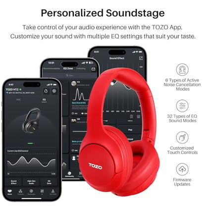 TOZO Hybrid Active Noise Cancelling Headphones, Hi Res Audio | Wireless Over Ear Bluetooth Headset, 60H Playtime, Custom EQ via App Deep Bass Comfort Fit Ear Cups, for Home Office Travel - color: Red