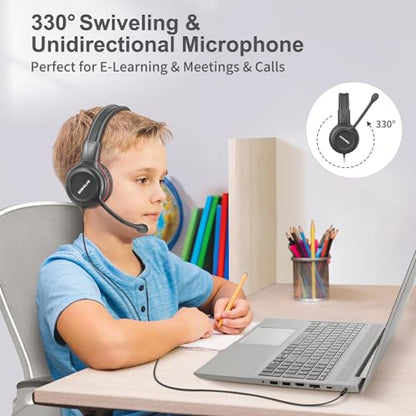 SIMOLIO Wired Headphones for School with Microphone, Stereo Kids Headphone with Flexible Swivel Boom Mic for Student K12 & Teacher & E-Learning, 3 Levels Volume Limiter Gaming Headsets for Boys, Girls - color: Black