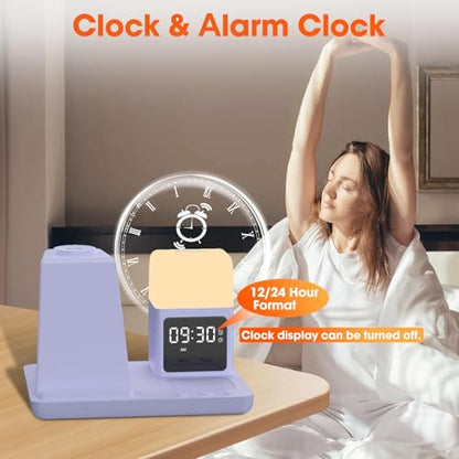 Wireless Charger for Samsung/Android Charging Station, 6 in 1 Fast Watch Charger with Alarm Clock-Night Light, Compatible for Galaxy S25 Ultra/S24, Only for Samsung Watch8/7, Galaxy Buds3 Pro(Purple) - color: Purple