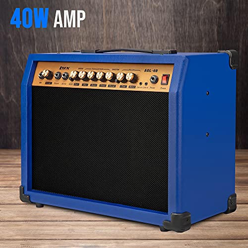LyxPro 40 Watt Electric Guitar Amplifier | Combo Solid State Studio Amp with 8” 4-Ohm Speaker, Custom EQ Controls, Drive, Delay, ¼” Passive/Active/Microphone Inputs, Aux In & Headphone Jack - Blue - color: Blue, size: 40 Watt