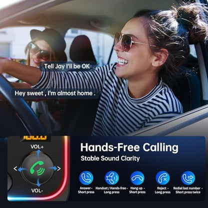Syncwire Bluetooth 5.4 FM Transmitter Car Adapter 54W with Light Switch | [Stronger Dual Mics] [HiFi Bass Sound] [Fast Charging] Wireless Radio Receiver Hands-Free Calling LED Display - color: Black