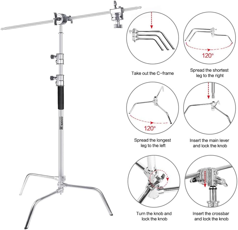10.8ft Heavy Duty Stainless Steel C Stand with Boom Arm | 4.2ft/128cm arm, 2 grip heads, 20kg center column load for studio lights, softboxes & reflectors - size: 330cm