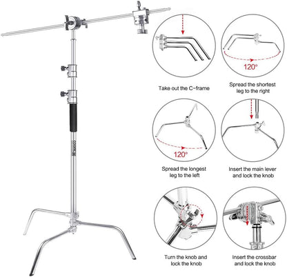 10.8ft Heavy Duty Stainless Steel C Stand with Boom Arm | 4.2ft/128cm arm, 2 grip heads, 20kg center column load for studio lights, softboxes & reflectors - size: 330cm