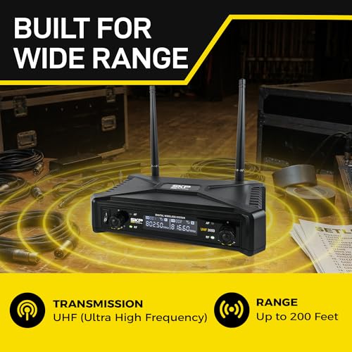 SKP Pro Audio UHF-300D Dual Wireless Microphone System – Handheld Wireless Microphones with LCD Display, 200ft Range, Clear Sound, Long Battery for Karaoke, Singing, Church & DJs