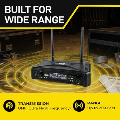SKP Pro Audio UHF-300D Dual Wireless Microphone System – Handheld Wireless Microphones with LCD Display, 200ft Range, Clear Sound, Long Battery for Karaoke, Singing, Church & DJs