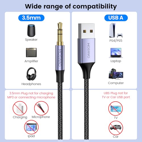 MOSWAG USB to 3.5mm, USB to Audio Jack Adapter, PC 3.5mm Male AUX Stereo Audio Converter, Headphone Jack AUX Cable for PC, Laptop, Home Stereo,Speaker-(Does not Support Car, Mic and Charging - size: 2 meters