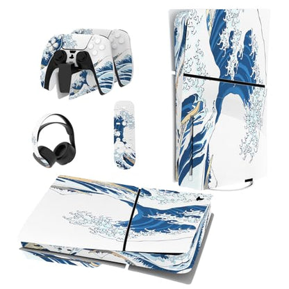 PlayVital Full Set Skin Sticker for ps5 Slim Console Disc Edition (The New Smaller Design), Vinyl Skin Decal Cover for ps5 Controller & Headset & Charging Station - The Great Wave Off Kanagawa - color: The Great Wave off Kanagawa